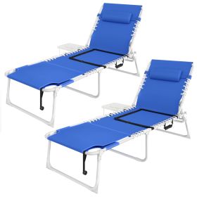 Tanning Chair Set of 2 with Face Hole and Side Table, 5-Position Folding Outdoor Chaise Lounge Chair, Navy Blue