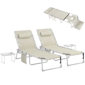 Tanning Chair Set of 2 with Face Hole and Side Table, 5-Position Folding Outdoor Chaise Lounge Chair, Beige