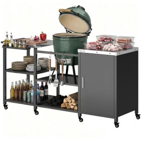 Grill Table for Big Green Egg Grill, Heavy Duty Metal BBQ Prep Table with Stainless Steel Top and Storage Cabinet, Black